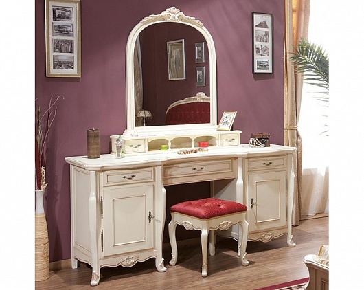 Туалетный стол с зеркалом и пуфом Аркад | Цвет: Слоновая кость
